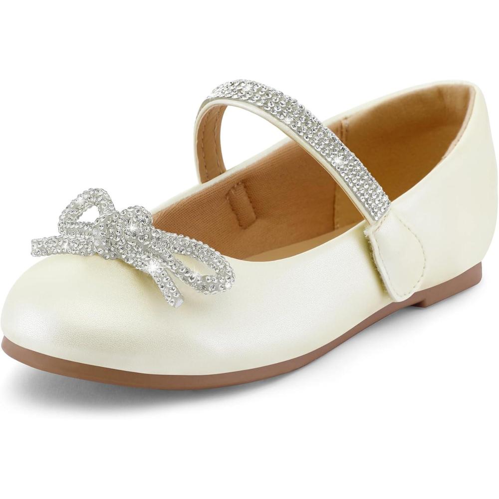 imageK KomForme Girls Bow Mary Jane Dress Shoes Ballet Princess Flats with Rhinestone Strap for Party Wedding School ToddlerLittle KidBig KidIvory