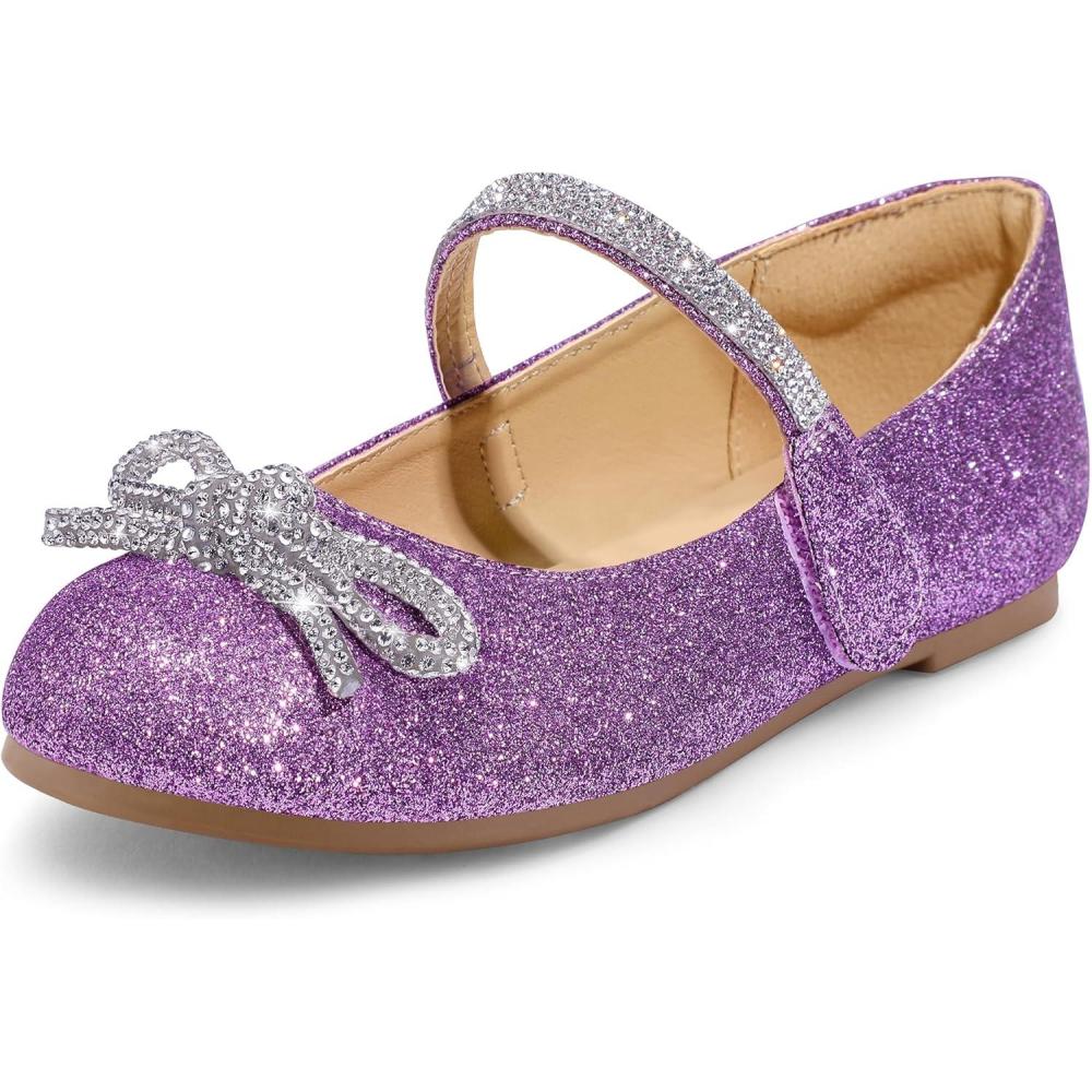 imageK KomForme Girls Bow Mary Jane Dress Shoes Ballet Princess Flats with Rhinestone Strap for Party Wedding School ToddlerLittle KidBig KidPurple Glitter