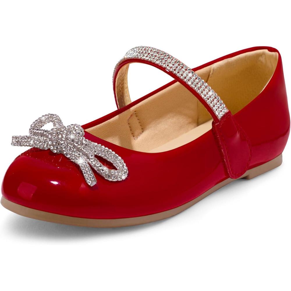 imageK KomForme Girls Bow Mary Jane Dress Shoes Ballet Princess Flats with Rhinestone Strap for Party Wedding School ToddlerLittle KidBig KidRed