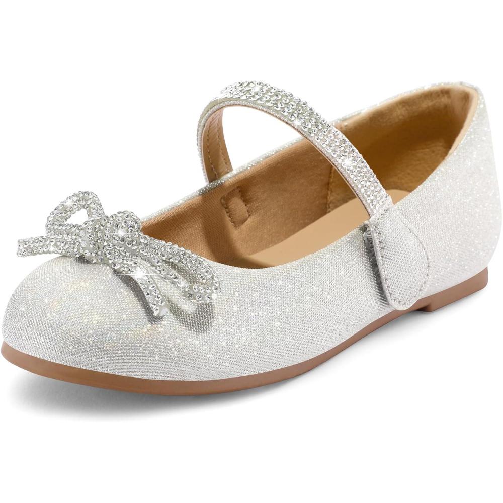 imageK KomForme Girls Bow Mary Jane Dress Shoes Ballet Princess Flats with Rhinestone Strap for Party Wedding School ToddlerLittle KidBig KidSilver