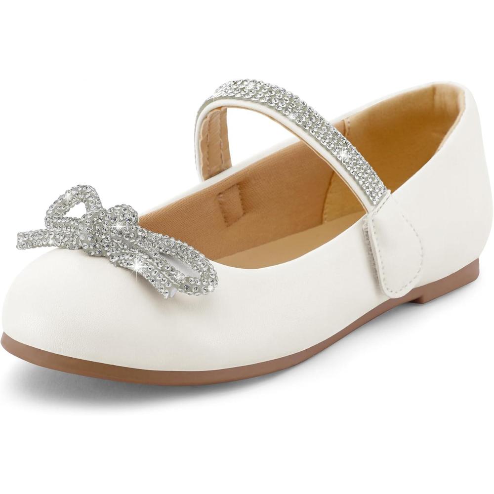 imageK KomForme Girls Bow Mary Jane Dress Shoes Ballet Princess Flats with Rhinestone Strap for Party Wedding School ToddlerLittle KidBig KidWhite