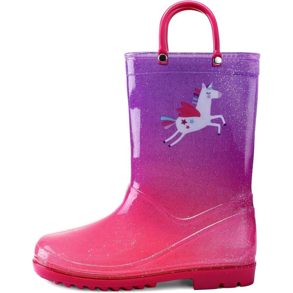 imageK KomForme Girls Boys Rain Boots Waterproof with Easy on Handles for ToddlerLittle KidBig KidPink Purple Unicorn