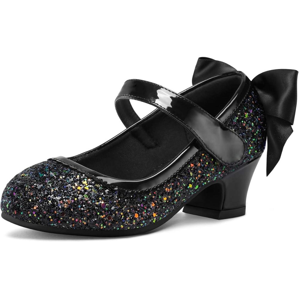 imageK KomForme Girls Dress Shoes Glitter Mary Jane Pumps with Bow Low Heel Party Wedding Princess Shoes ToddlerLittle KidsBig KidsBlack Glitter Silk