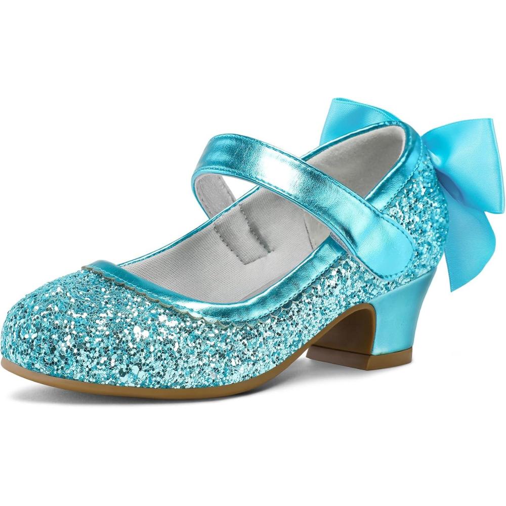 imageK KomForme Girls Dress Shoes Glitter Mary Jane Pumps with Bow Low Heel Party Wedding Princess Shoes ToddlerLittle KidsBig KidsBlue Glitter Silk