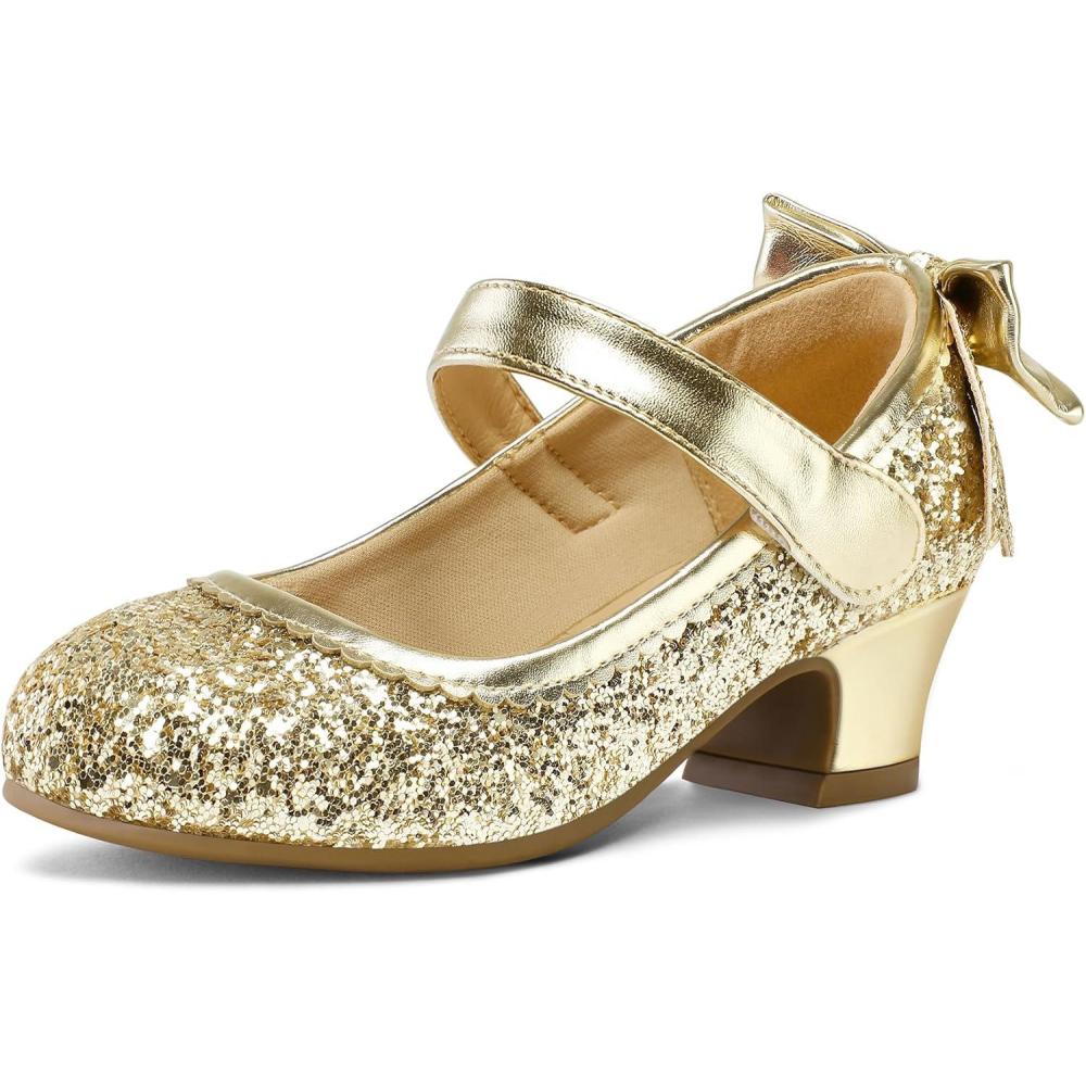 imageK KomForme Girls Dress Shoes Glitter Mary Jane Pumps with Bow Low Heel Party Wedding Princess Shoes ToddlerLittle KidsBig KidsGold Glitter