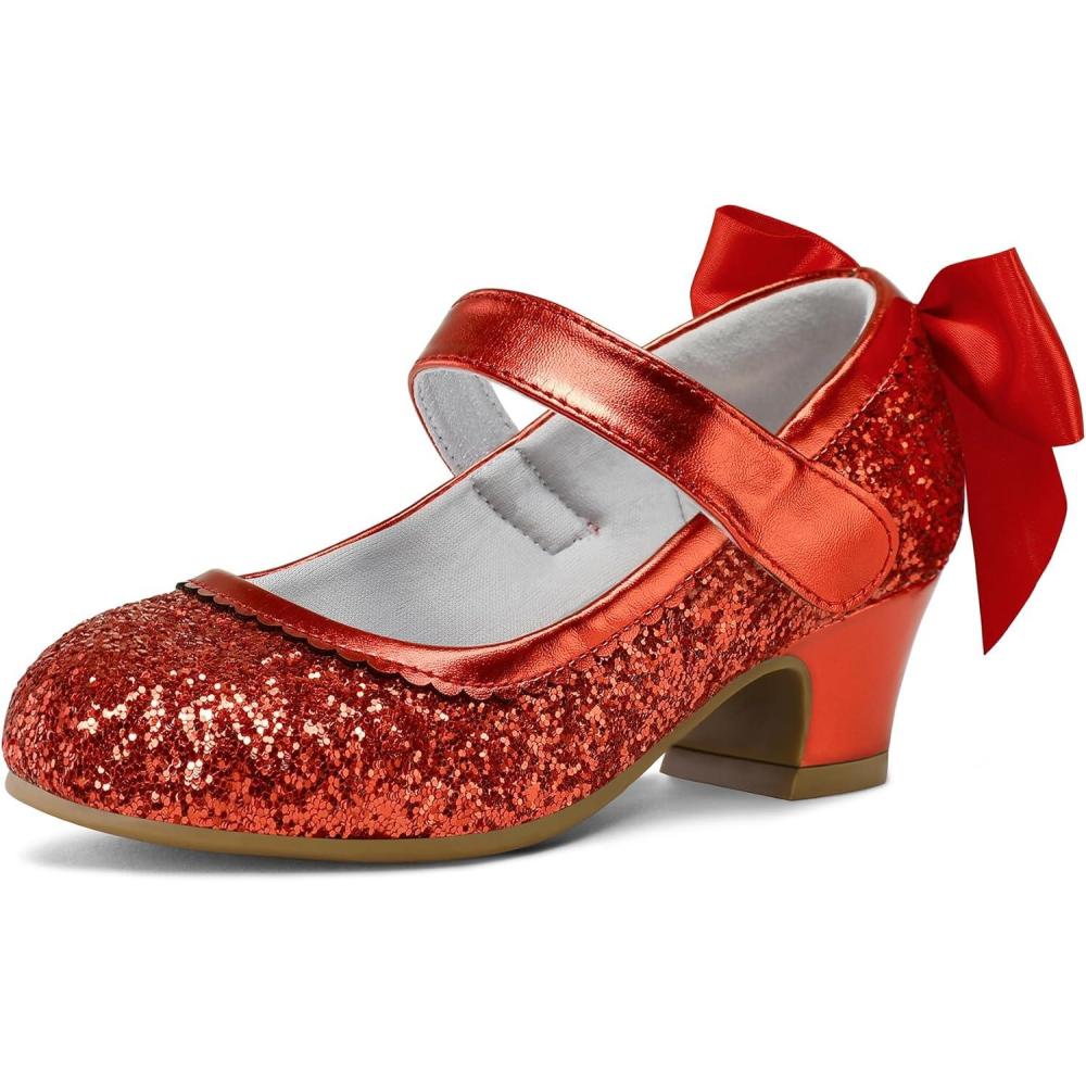 imageK KomForme Girls Dress Shoes Glitter Mary Jane Pumps with Bow Low Heel Party Wedding Princess Shoes ToddlerLittle KidsBig KidsRed Glitter Silk