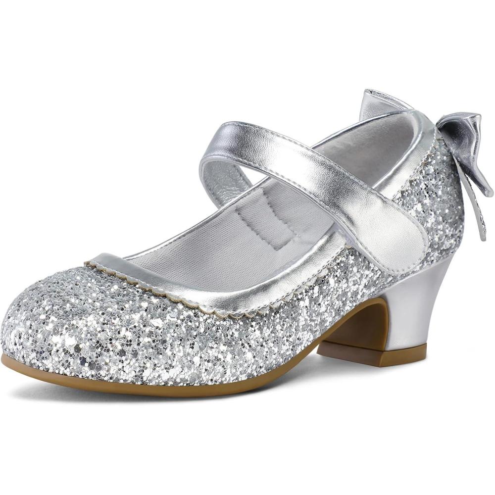 imageK KomForme Girls Dress Shoes Glitter Mary Jane Pumps with Bow Low Heel Party Wedding Princess Shoes ToddlerLittle KidsBig KidsSilver Glitter