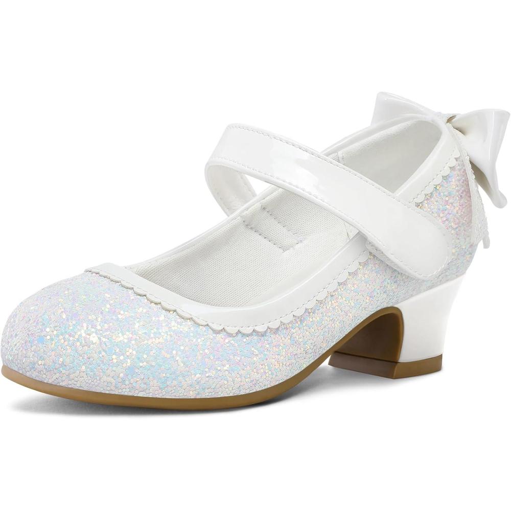 imageK KomForme Girls Dress Shoes Glitter Mary Jane Pumps with Bow Low Heel Party Wedding Princess Shoes ToddlerLittle KidsBig KidsWhite Glitter