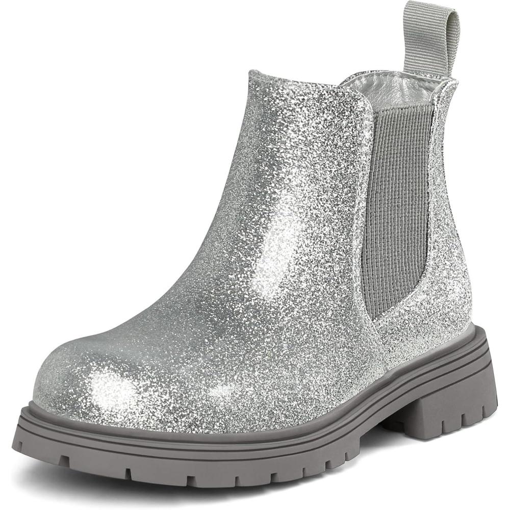 imageK KomForme Girls Glitter Ankle Boots Side Zipper Chelsea Booties Lug Sole ToddlerLittle KidsBig KidsSilver