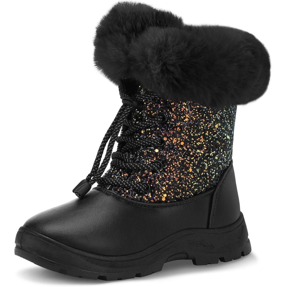 imageK KomForme Girls Glitter Snow Boots Kids Bungee Lacing Warm Faux FurLined AntiSlip Outdoor Winter Shoes ToddlerLittle KidBig KidBlack