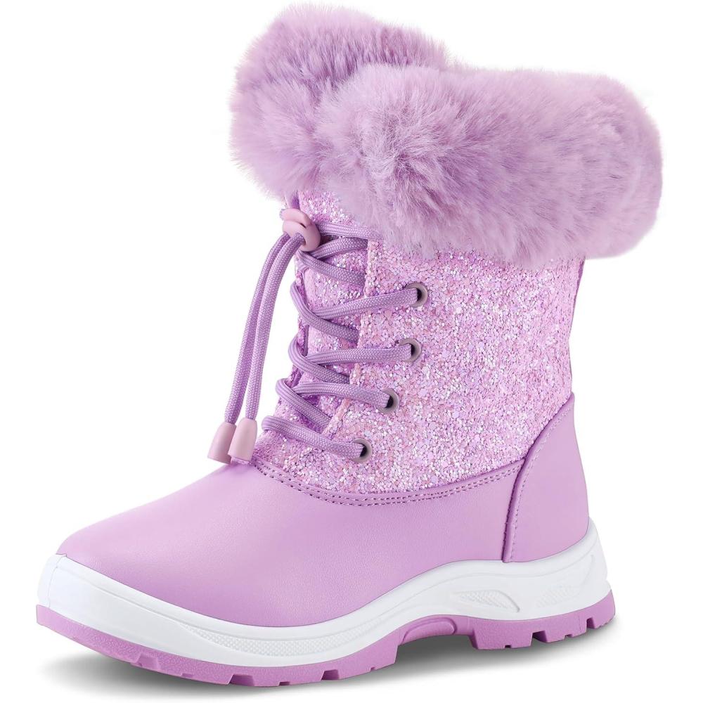 imageK KomForme Girls Glitter Snow Boots Kids Bungee Lacing Warm Faux FurLined AntiSlip Outdoor Winter Shoes ToddlerLittle KidBig KidPastel Purple