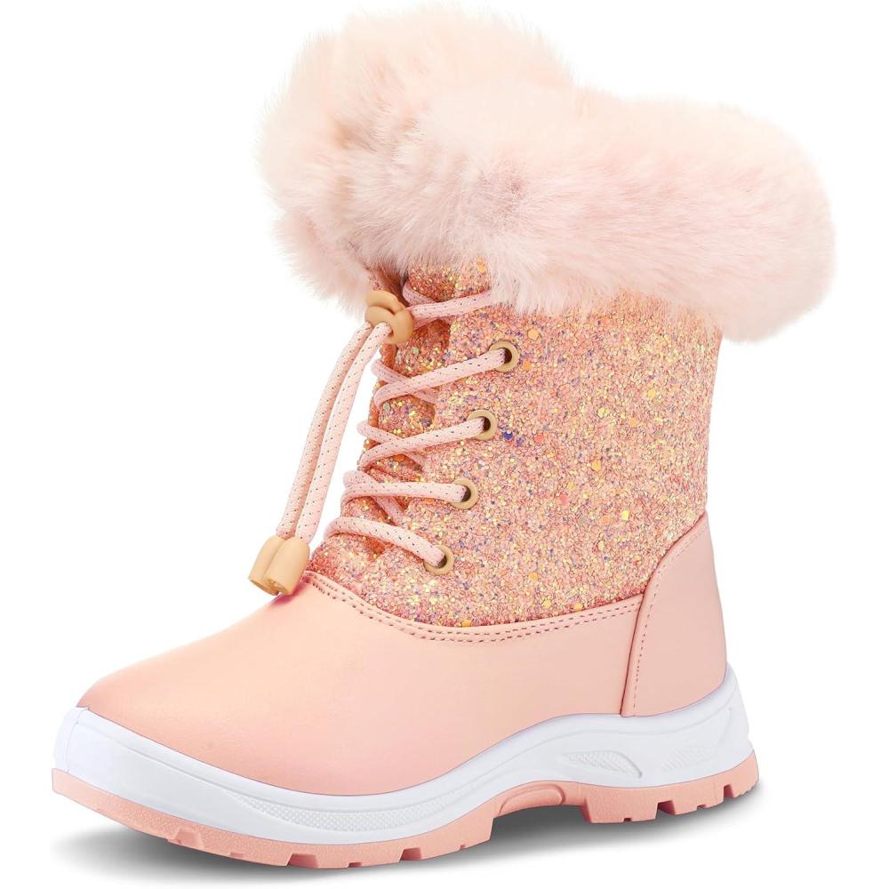 imageK KomForme Girls Glitter Snow Boots Kids Bungee Lacing Warm Faux FurLined AntiSlip Outdoor Winter Shoes ToddlerLittle KidBig KidPink