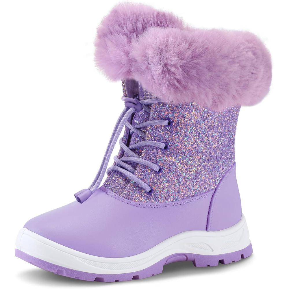 imageK KomForme Girls Glitter Snow Boots Kids Bungee Lacing Warm Faux FurLined AntiSlip Outdoor Winter Shoes ToddlerLittle KidBig KidPurple