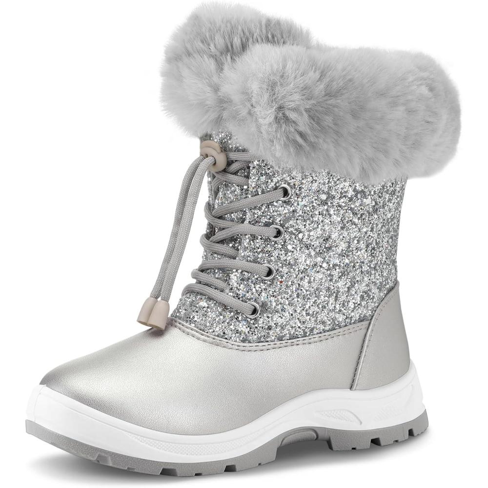 imageK KomForme Girls Glitter Snow Boots Kids Bungee Lacing Warm Faux FurLined AntiSlip Outdoor Winter Shoes ToddlerLittle KidBig KidSilver