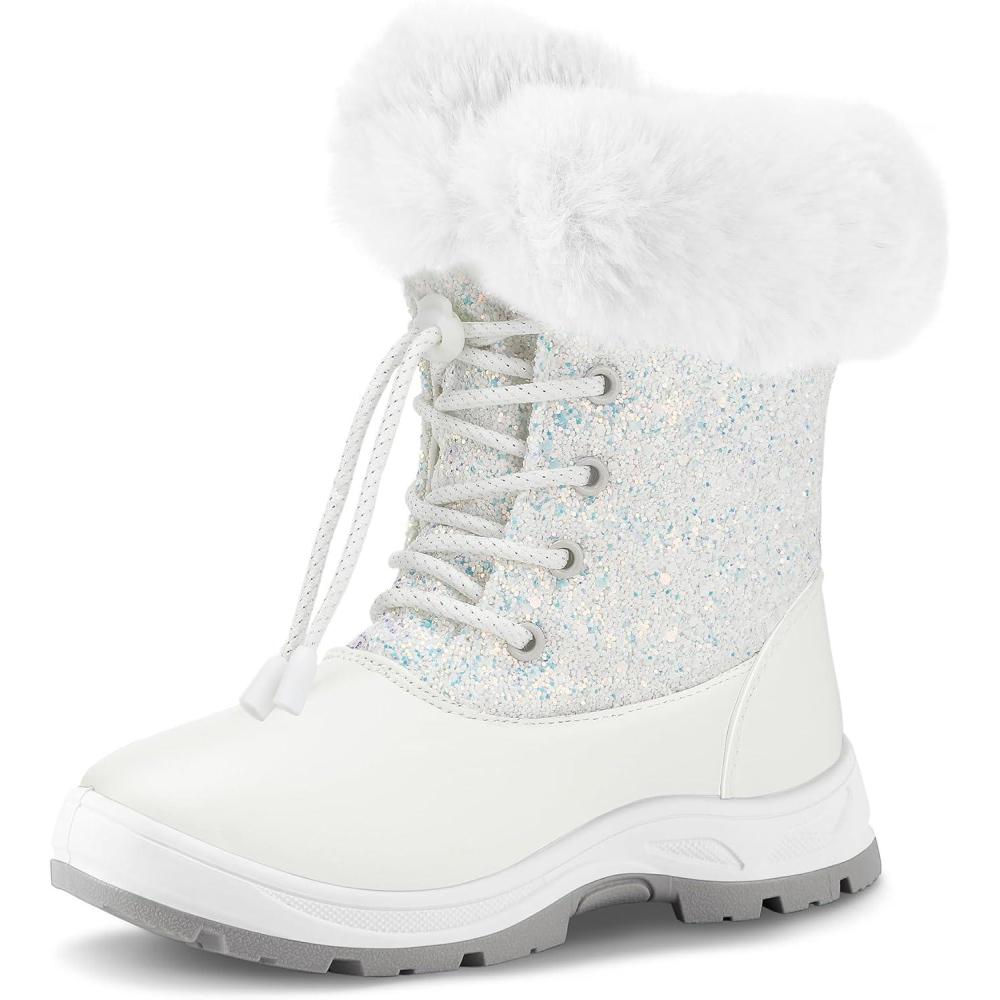 imageK KomForme Girls Glitter Snow Boots Kids Bungee Lacing Warm Faux FurLined AntiSlip Outdoor Winter Shoes ToddlerLittle KidBig KidWhite