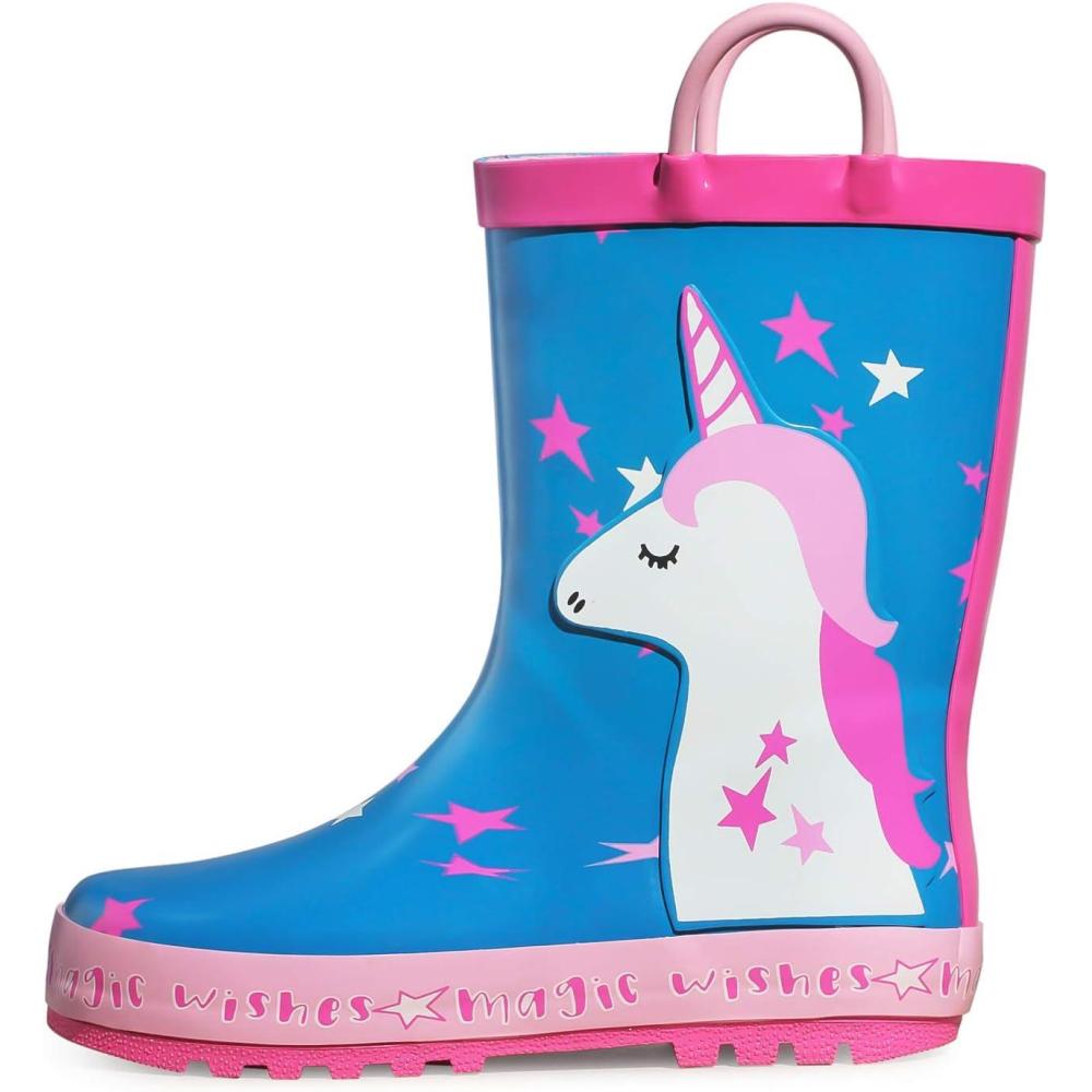 imageK KomForme Kids Rain Boots Waterproof Printed Rubber boots with Handles Size 1 Big Kid Sleepy Unicorn