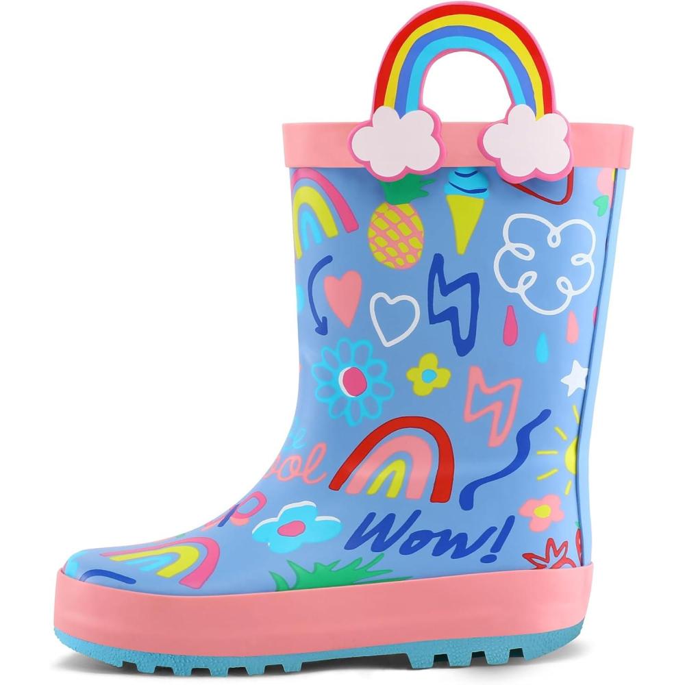 imageK KomForme Kids Rain Boots Waterproof Printed Rubber boots with HandlesBlue Rainbow