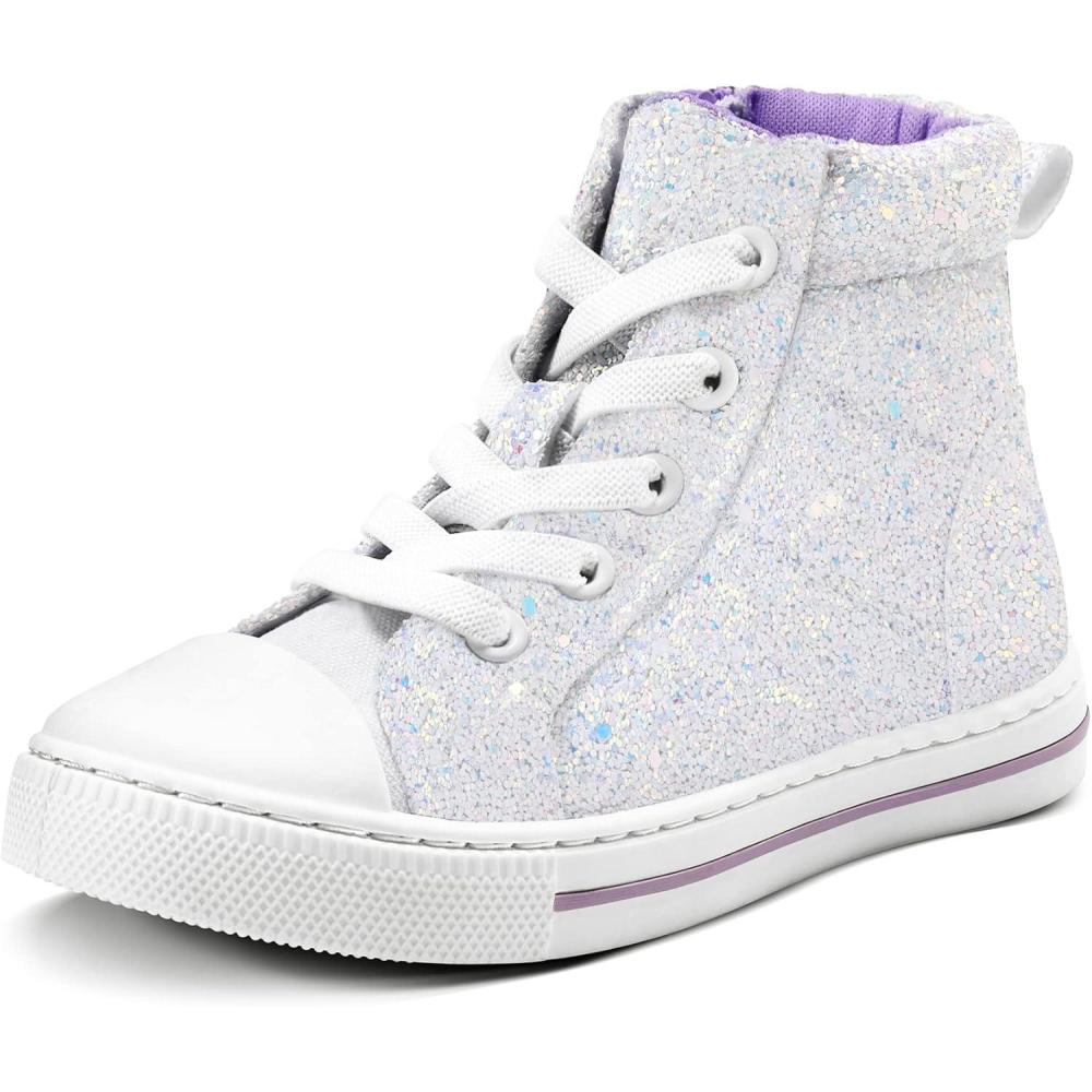 imageK KomForme Kids Sneakers for Boys and Girls Toddler Canvas High Top Walking Causal Shoes with ZipperWhite Glitter