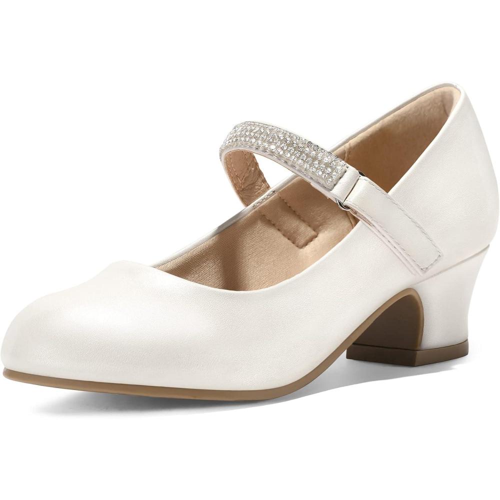 imageK KomForme Mary Jane Shoes with Low Heel Rhinestones Princess Flats Dress Pump Shoes for Little KidBig KidIvory White