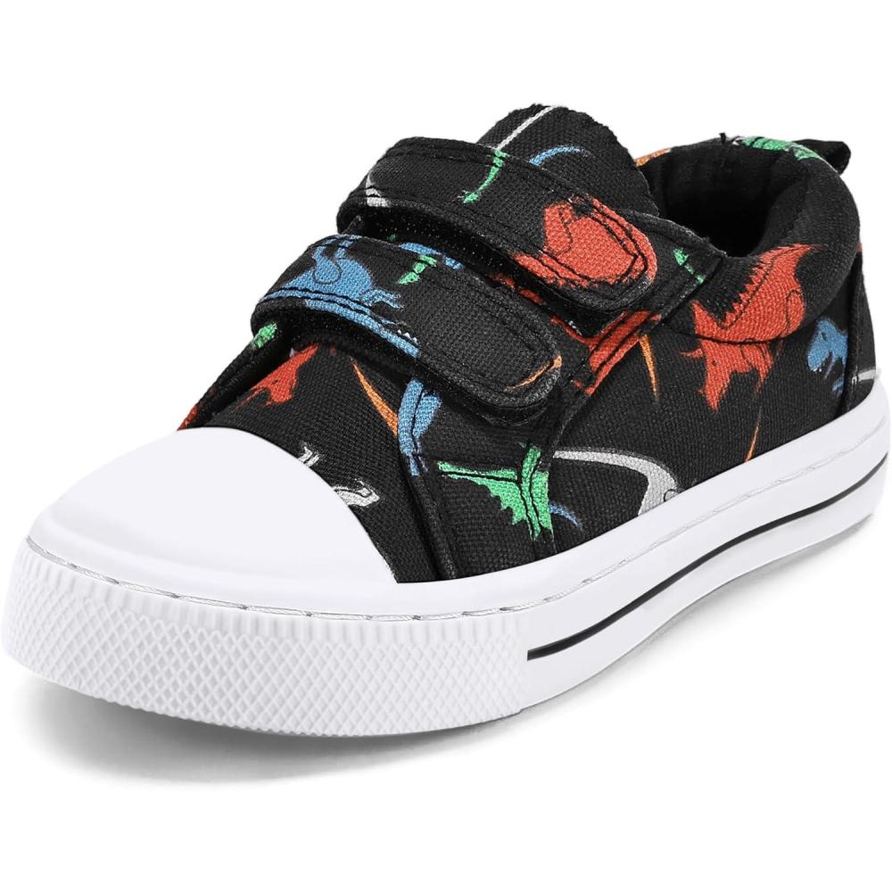 imageK KomForme Toddler Boys ampamp Girls Shoes Kids Canvas Sneakers with Cartoon Dual Hook and LoopsBlack Dinosaur