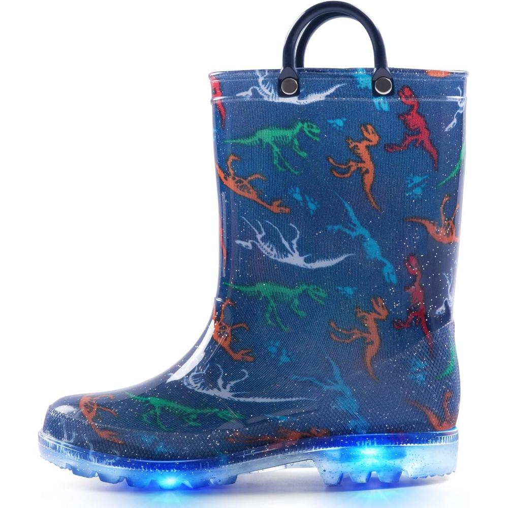 imageK KomForme Toddler Light Up Rain Boots Patterns and Glitter Rain Boots for Girls Boys with HandlesBlue Dinosaur Group13