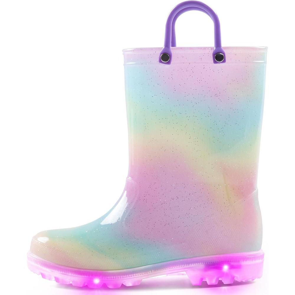 imageK KomForme Toddler Light Up Rain Boots for Girls Boys Waterproof Rain Boots with Handles OutdoorsAurora Gradient