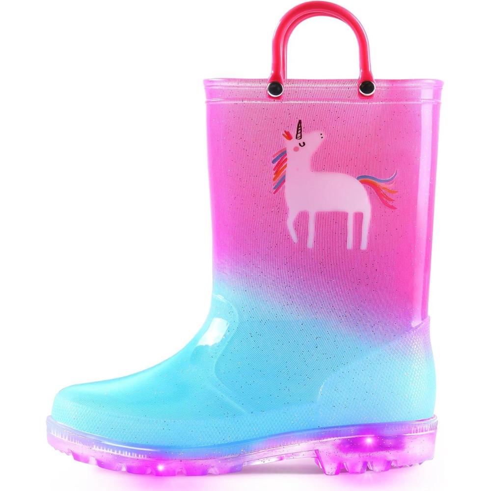 imageK KomForme Toddler Light Up Rain Boots for Girls Boys Waterproof Rain Boots with Handles OutdoorsBlue Pink Unicorn