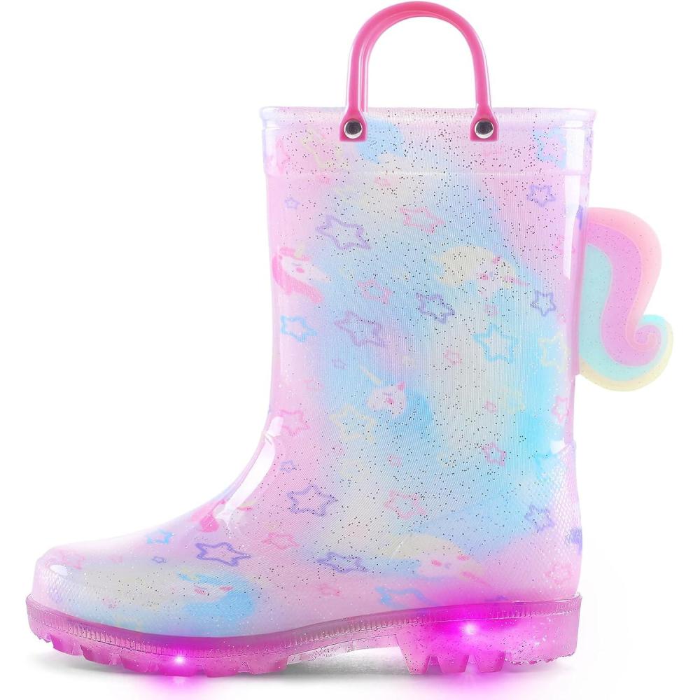 imageK KomForme Toddler Light Up Rain Boots for Girls Boys Waterproof Rain Boots with Handles OutdoorsGradient Unicorn