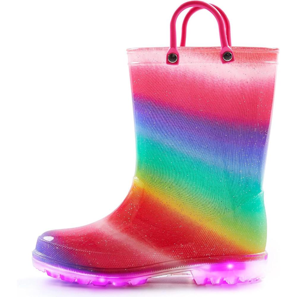 imageK KomForme Toddler Light Up Rain Boots for Girls Boys Waterproof Rain Boots with Handles OutdoorsShimmer Rainbow