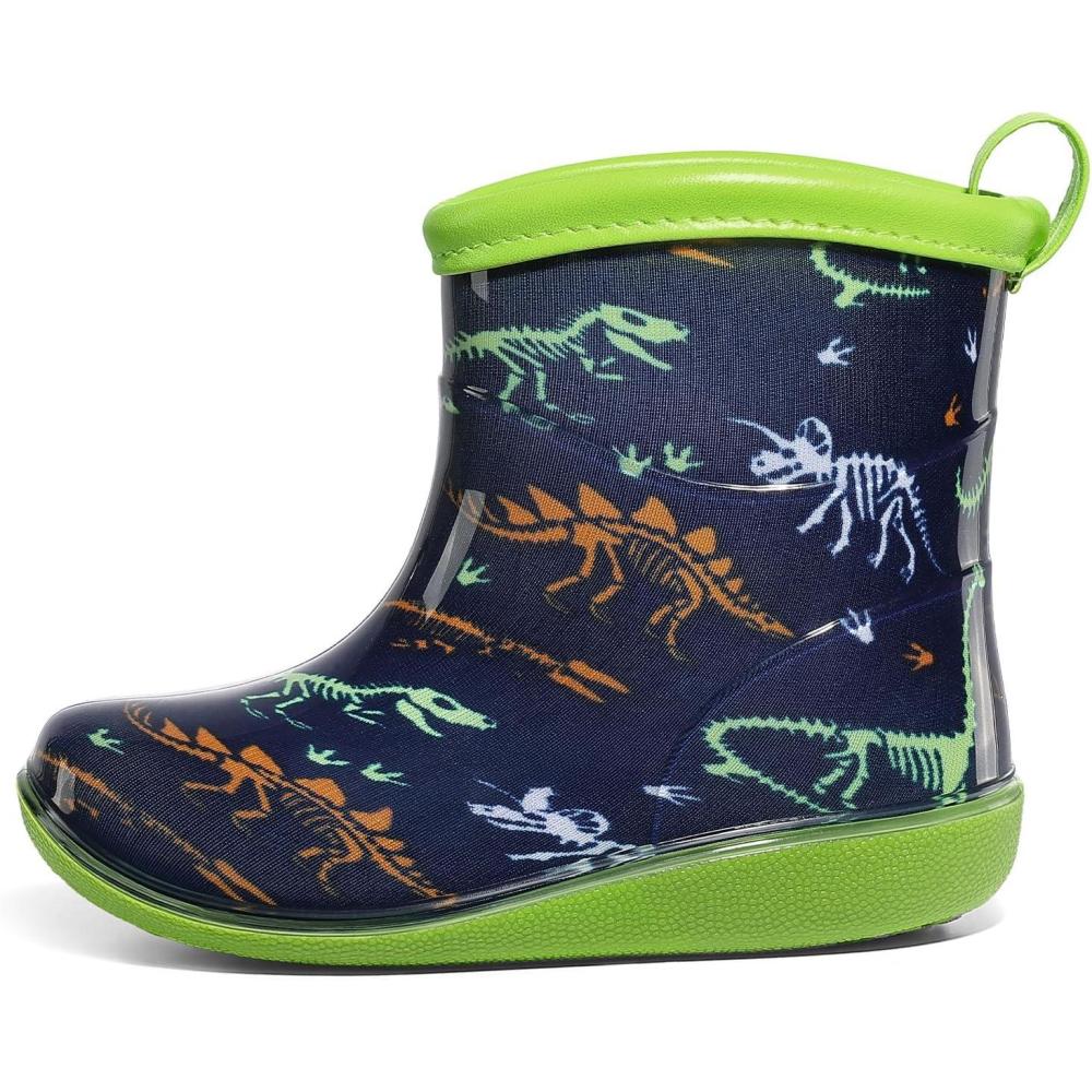 imageK KomForme Toddler Rain Boots Baby Easyon Rain Shoes Lightweight Waterproof for Boys and GirlsGreen Dinosaur Bones