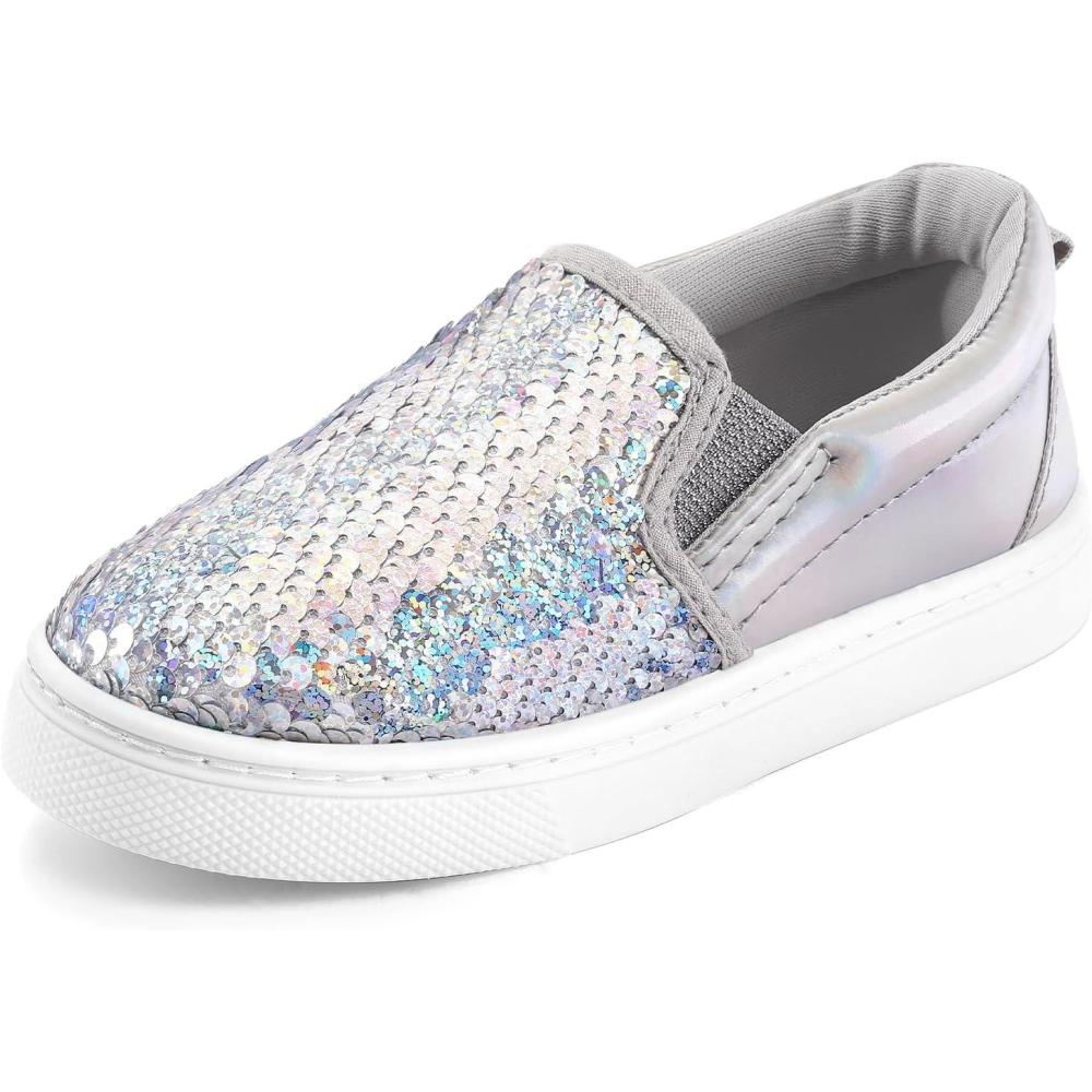 imageK KomForme Toddler Slip on Sneakers Girls Sparkle Sequins Canvas Walking ShoesSliver