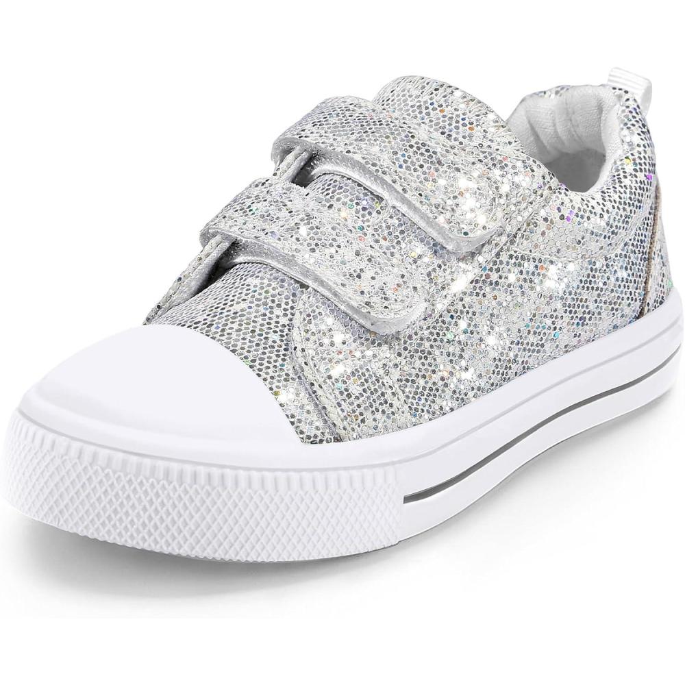 imageK KomForme Toddler Sneakers for Boys and Girls Dual Hook and Loops Sneakers Baby Canvas ShoesSliver Glitter