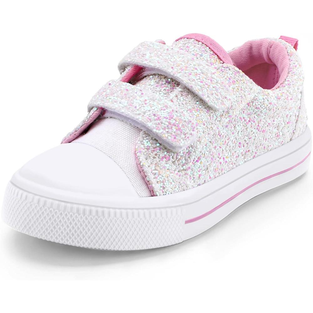 imageK KomForme Toddler Sneakers for Boys and Girls Dual Hook and Loops Sneakers Baby Canvas ShoesWhite Glitter