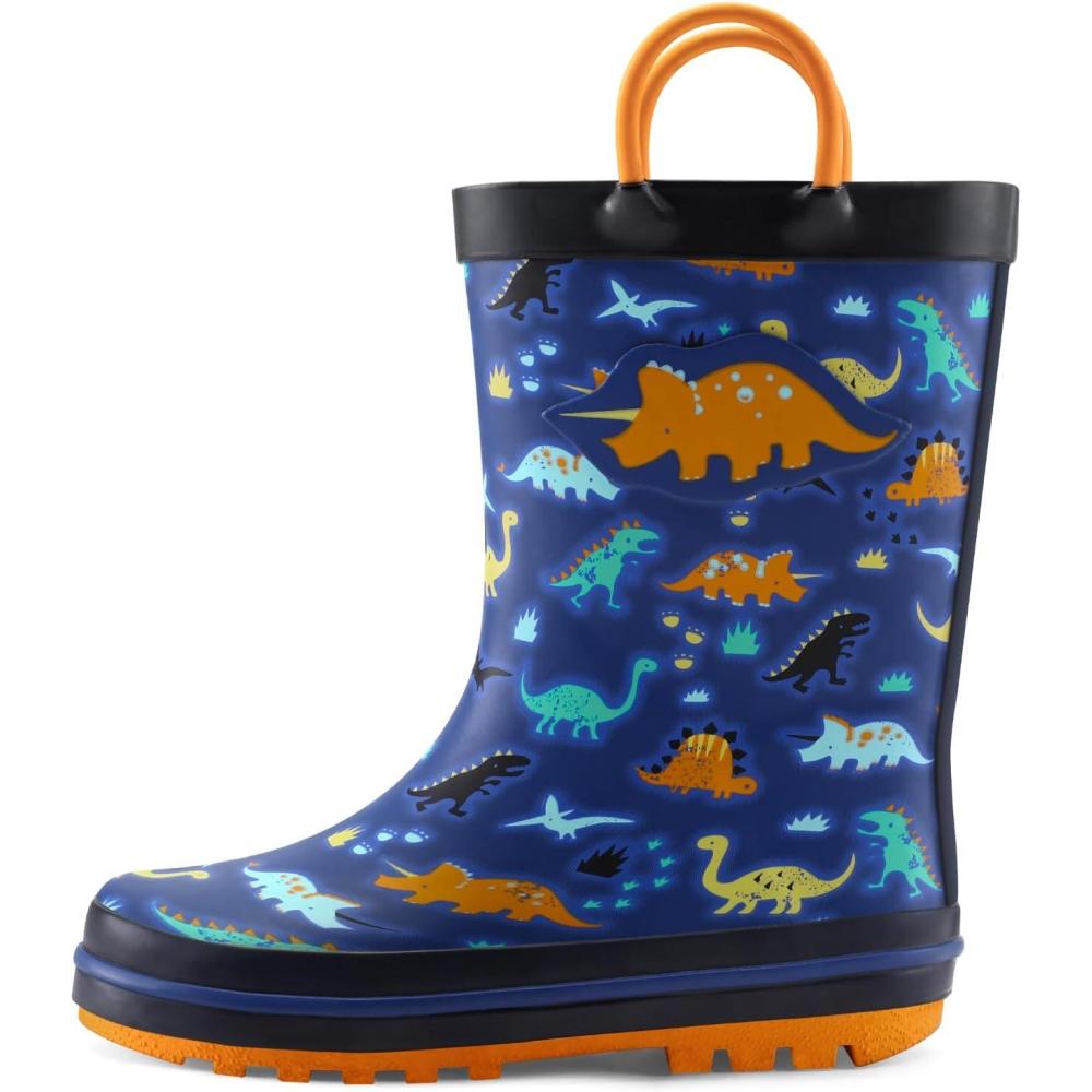 imagemysoft Kids Rain Boots for Girls Boys Toddler Waterproof Rubber Cute Printed with EasyOn HandlesBlue Dinosaurs