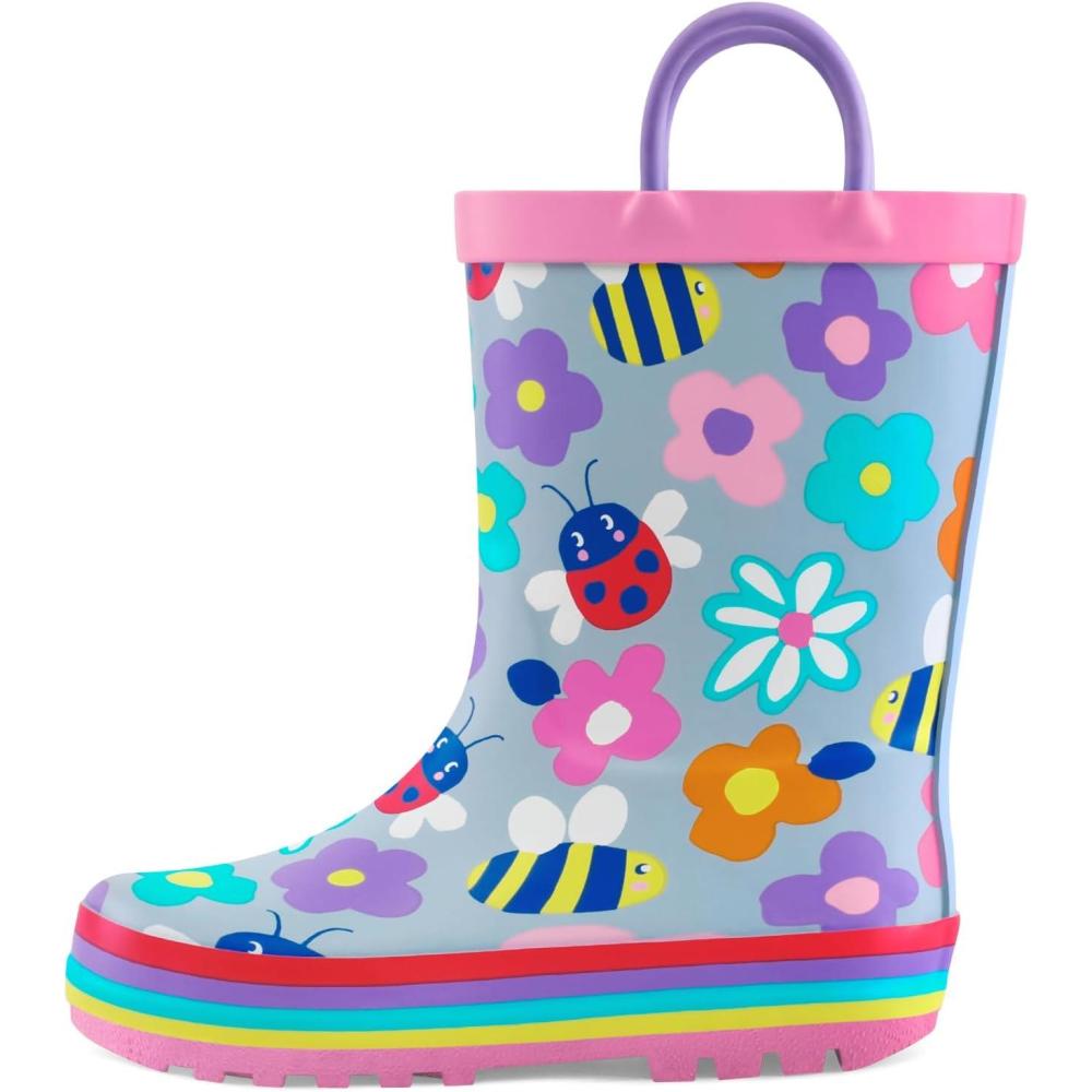 imagemysoft Kids Rain Boots for Girls Boys Toddler Waterproof Rubber Cute Printed with EasyOn HandlesColorful Flower