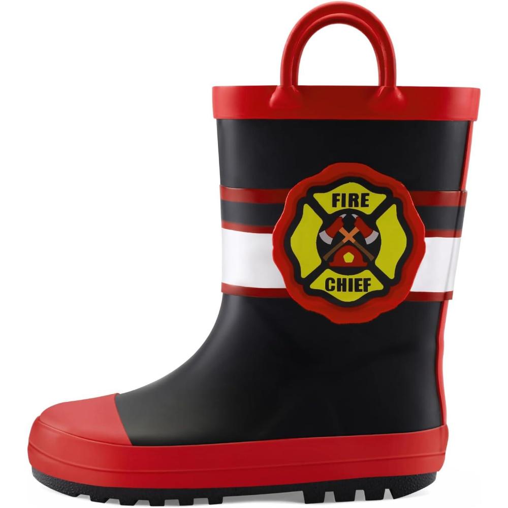 imagemysoft Kids Rain Boots for Girls Boys Toddler Waterproof Rubber Cute Printed with EasyOn HandlesFire Chief