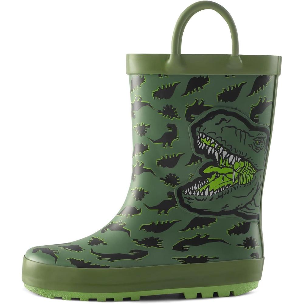 imagemysoft Kids Rain Boots for Girls Boys Toddler Waterproof Rubber Cute Printed with EasyOn HandlesGreen Dinosaur