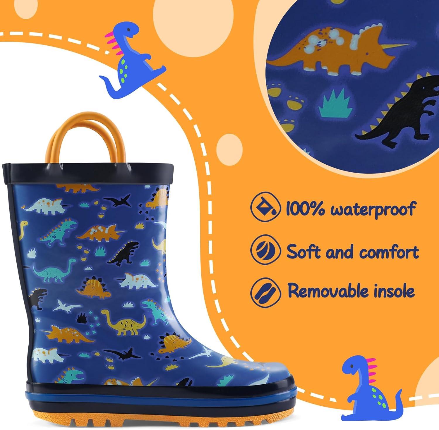 imagemysoft Kids Rain Boots for Girls Boys Toddler Waterproof Rubber Cute Printed with EasyOn HandlesBlue Dinosaurs