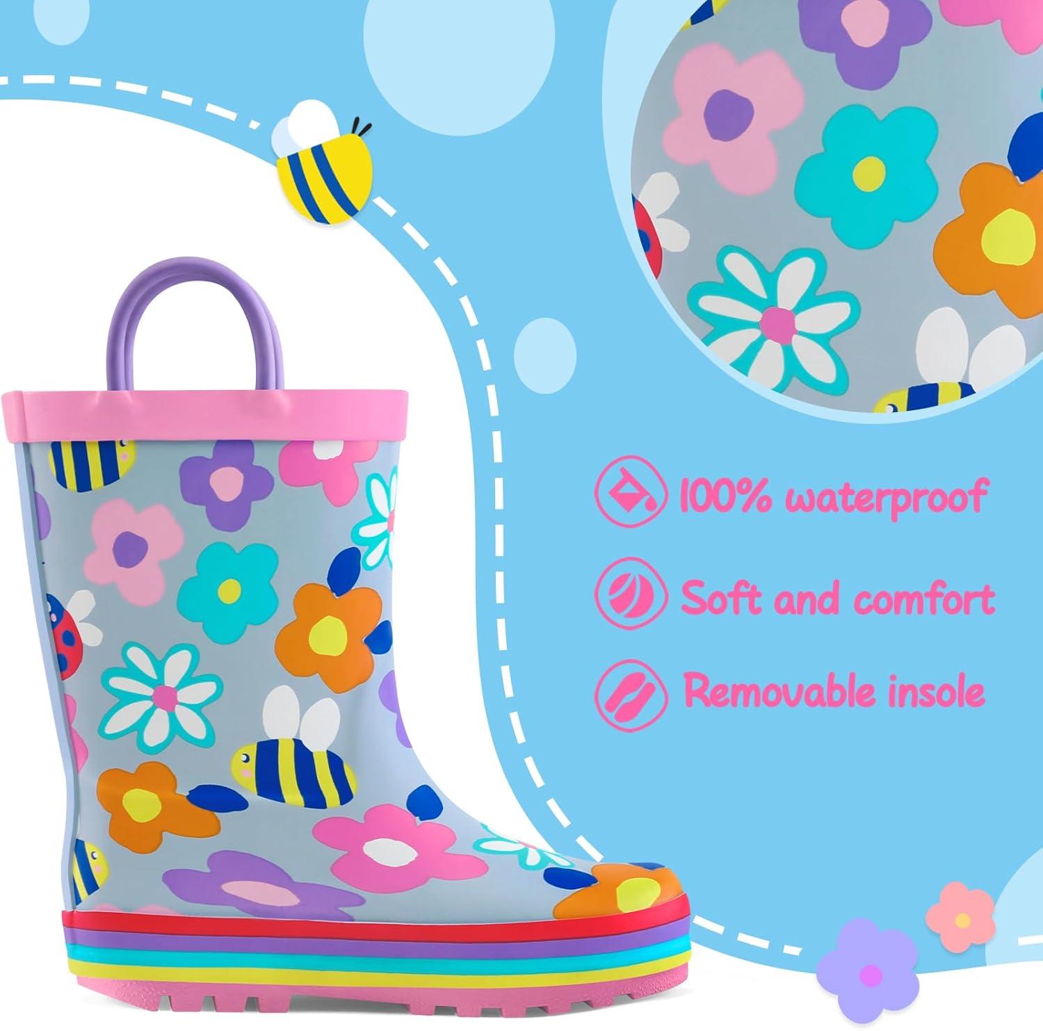 imagemysoft Kids Rain Boots for Girls Boys Toddler Waterproof Rubber Cute Printed with EasyOn HandlesColorful Flower