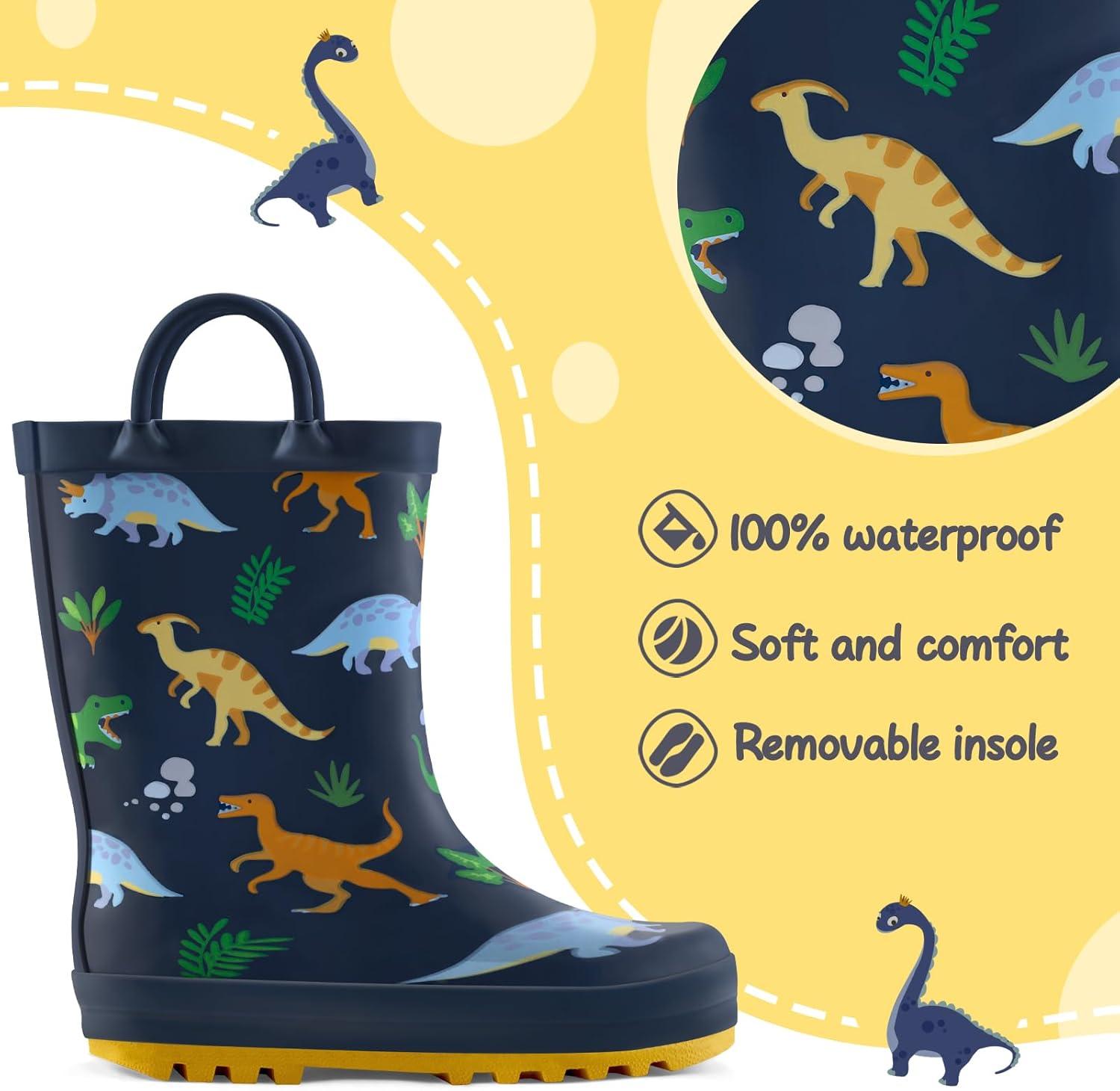 imagemysoft Kids Rain Boots for Girls Boys Toddler Waterproof Rubber Cute Printed with EasyOn HandlesDinosaurs Park