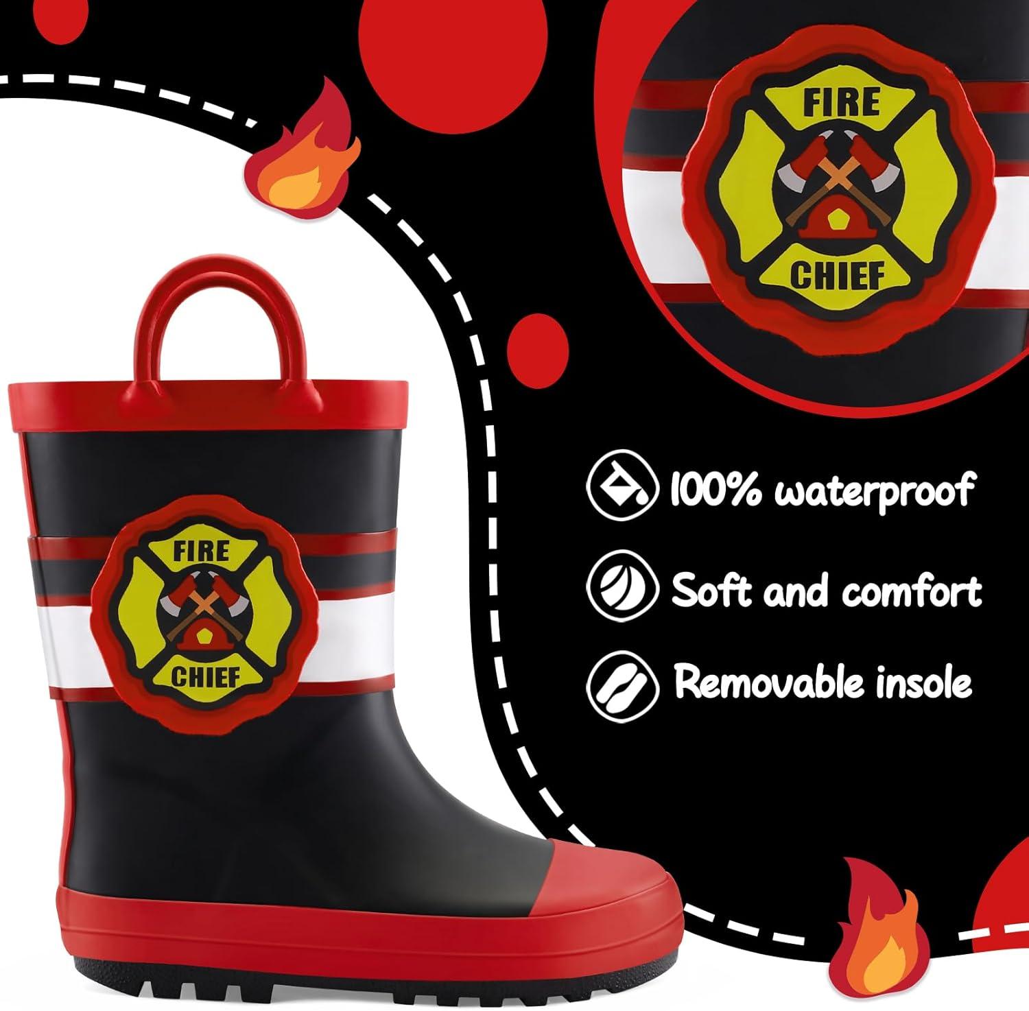 imagemysoft Kids Rain Boots for Girls Boys Toddler Waterproof Rubber Cute Printed with EasyOn HandlesFire Chief