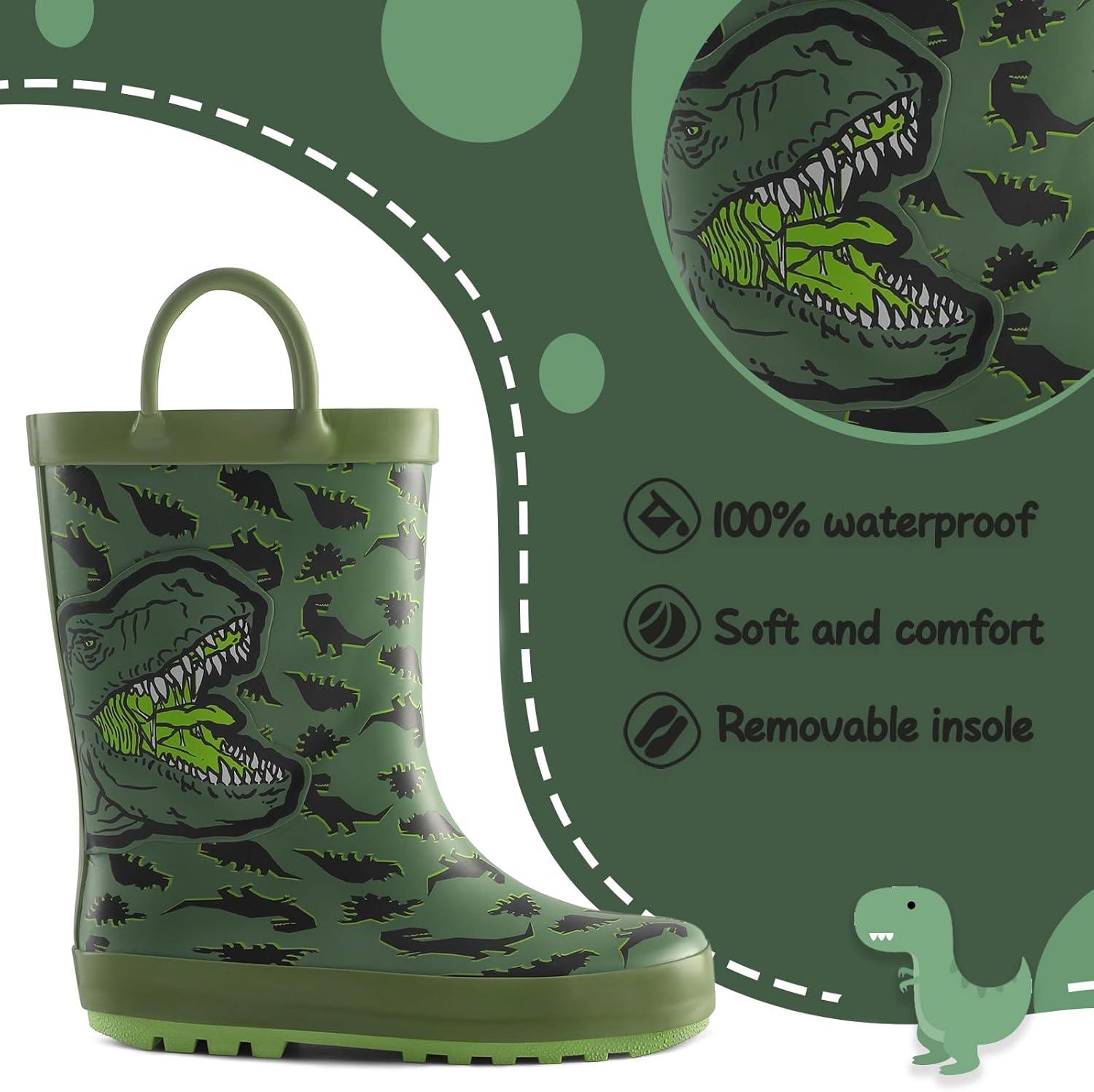 imagemysoft Kids Rain Boots for Girls Boys Toddler Waterproof Rubber Cute Printed with EasyOn HandlesGreen Dinosaur