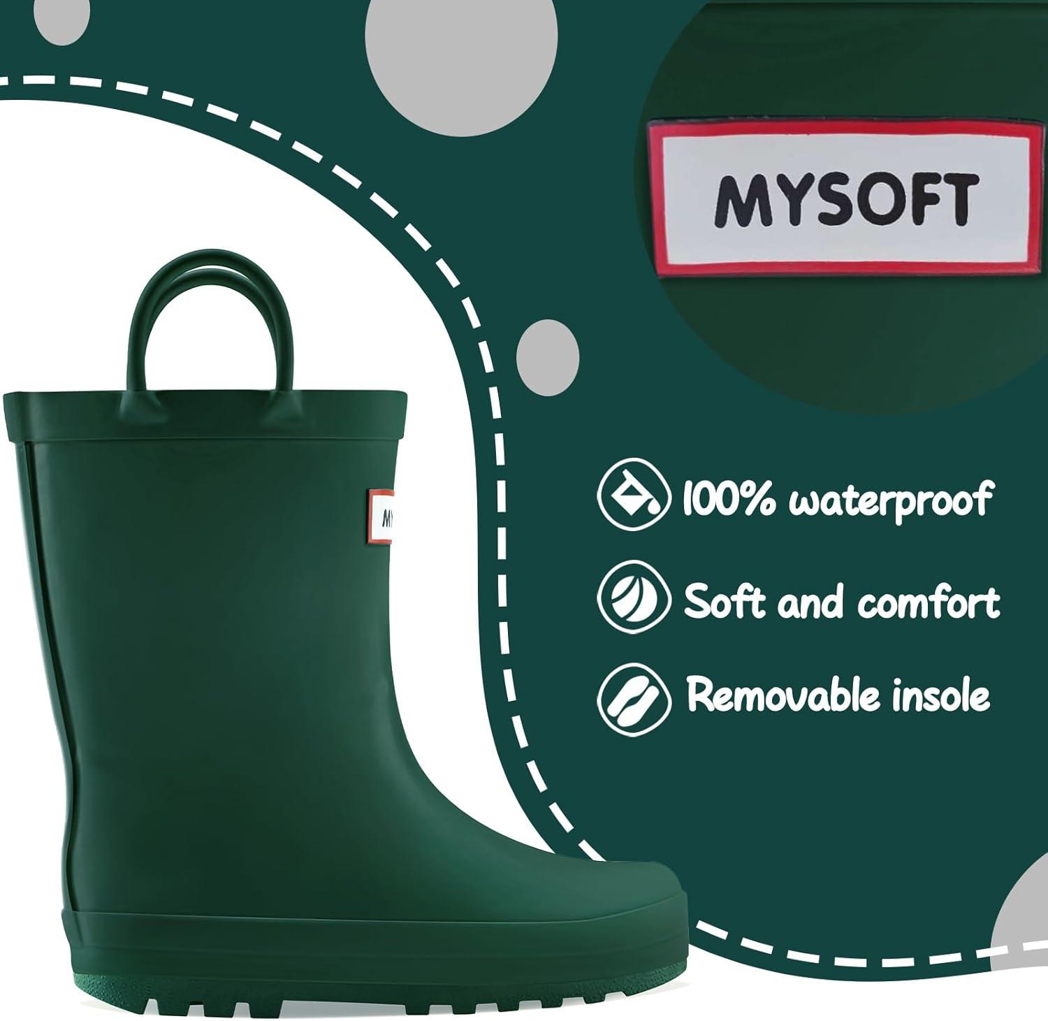 imagemysoft Kids Rain Boots for Girls Boys Toddler Waterproof Rubber Cute Printed with EasyOn HandlesPure Green