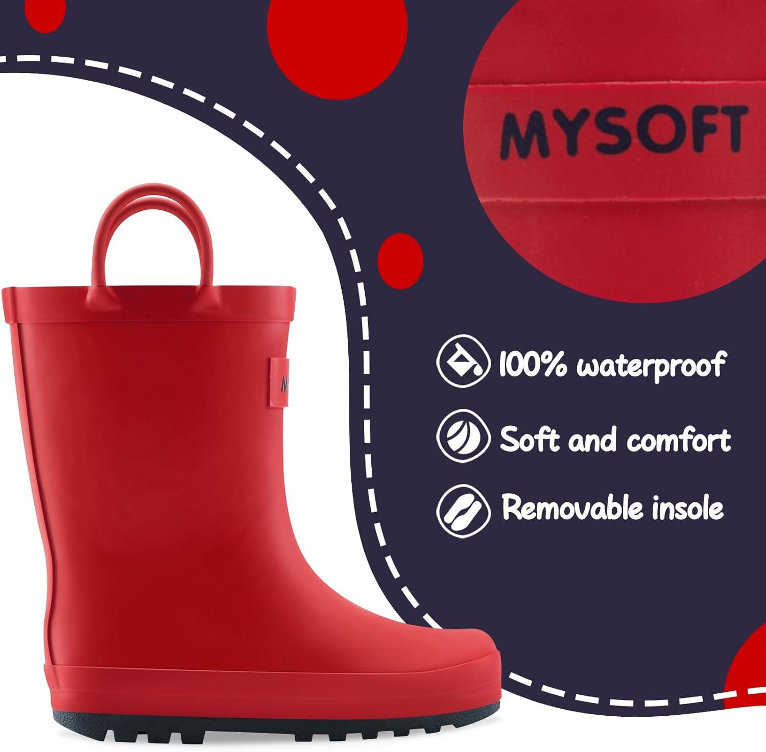 imagemysoft Kids Rain Boots for Girls Boys Toddler Waterproof Rubber Cute Printed with EasyOn HandlesPure Red