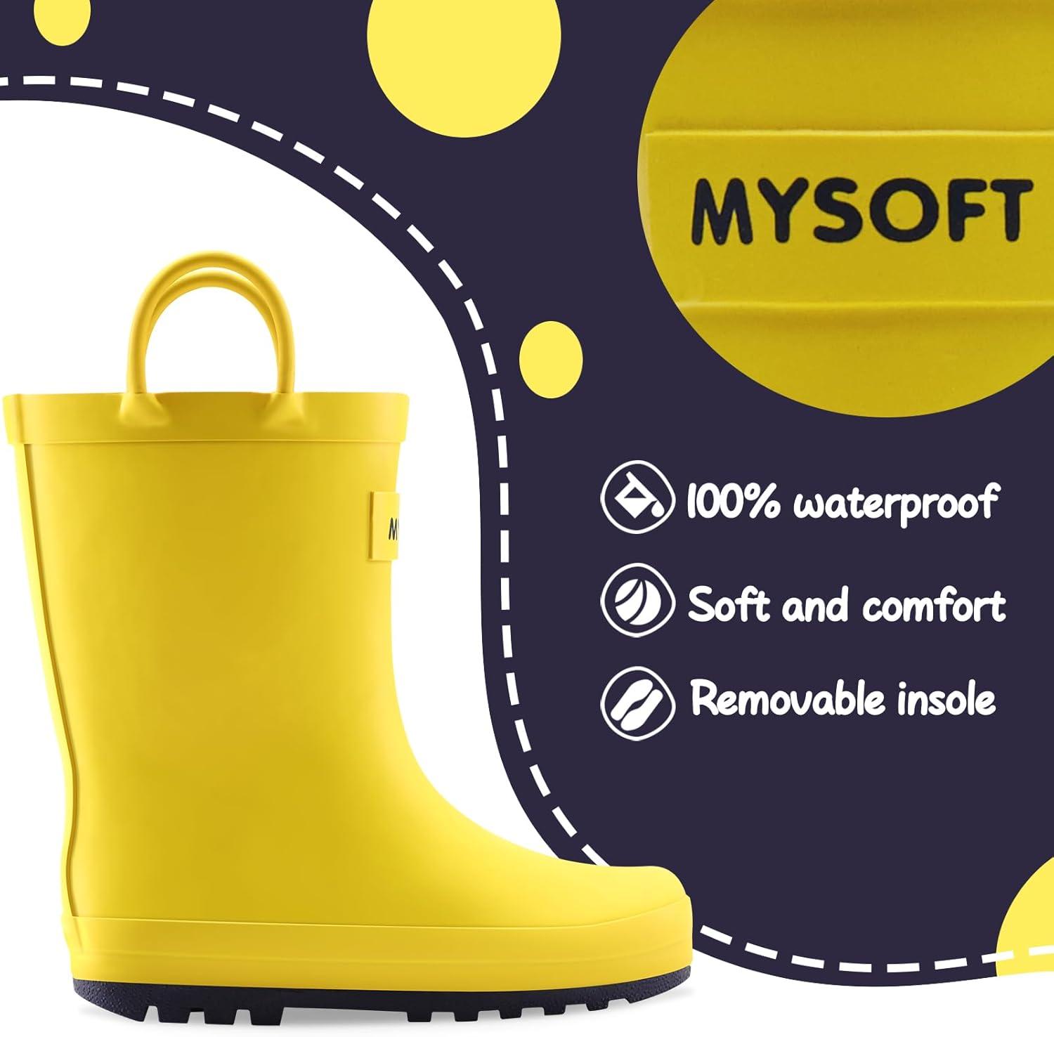 imagemysoft Kids Rain Boots for Girls Boys Toddler Waterproof Rubber Cute Printed with EasyOn HandlesPure Yellow