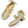 K KomForme Girls Dress Shoes Glitter Mary Jane Pumps with Bow, Low Heel Party Wedding Princess Shoes (Toddler/Little Kids/Big Kids)(Gold Glitter Silk)