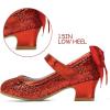 K KomForme Girls Dress Shoes Glitter Mary Jane Pumps with Bow, Low Heel Party Wedding Princess Shoes (Toddler/Little Kids/Big Kids)(Red Glitter Silk)