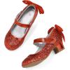 K KomForme Girls Dress Shoes Glitter Mary Jane Pumps with Bow, Low Heel Party Wedding Princess Shoes (Toddler/Little Kids/Big Kids)(Red Glitter Silk)