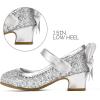 K KomForme Girls Dress Shoes Glitter Mary Jane Pumps with Bow, Low Heel Party Wedding Princess Shoes (Toddler/Little Kids/Big Kids)(Silver Glitter Silk)
