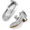 K KomForme Girls Dress Shoes Glitter Mary Jane Pumps with Bow, Low Heel Party Wedding Princess Shoes (Toddler/Little Kids/Big Kids)(Silver Glitter Silk)